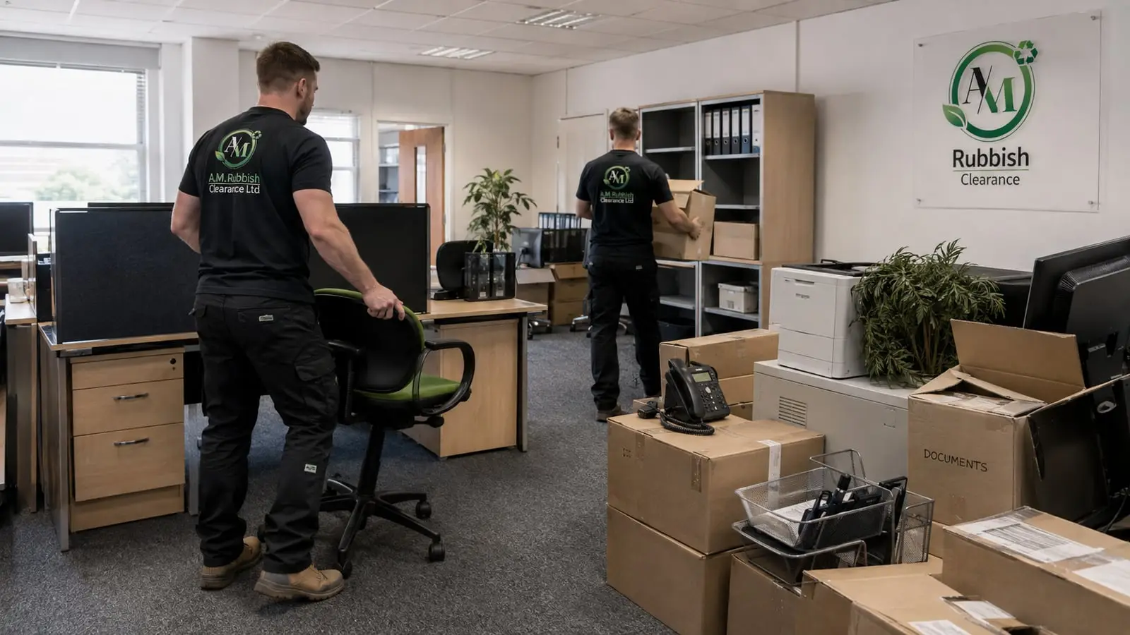 Office clearance (illustration) Clearance workers removing office furniture and boxed equipment from a UK office.