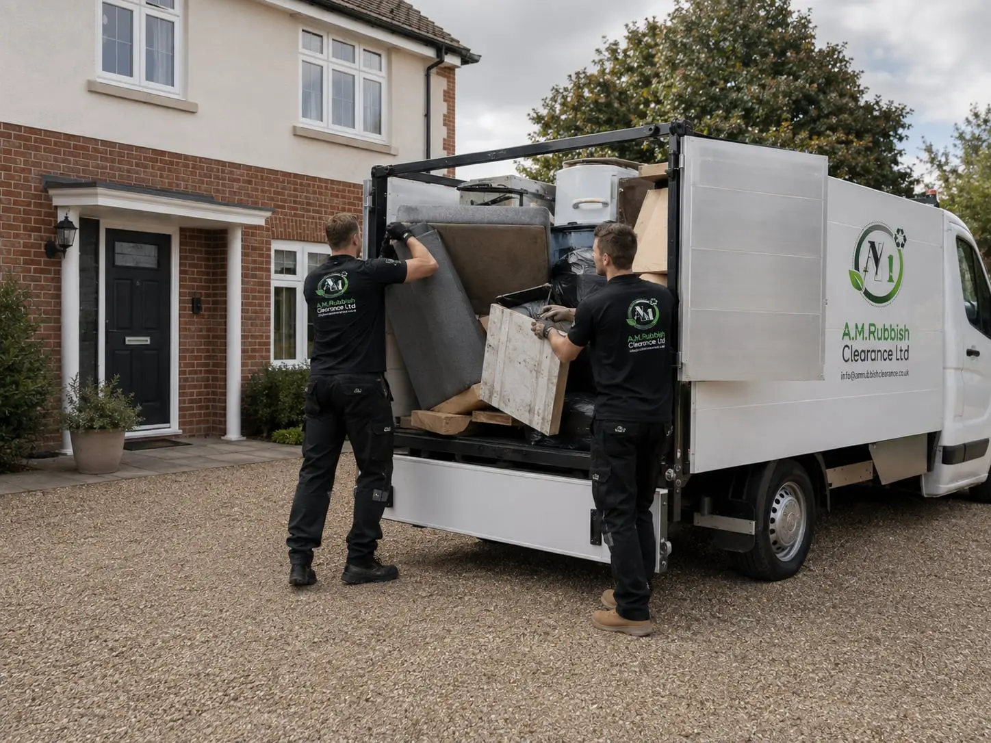 Loading a clearance vehicle (illustration) Two clearance workers loading bulky household items directly into an AM Rubbish Clearance vehicle.